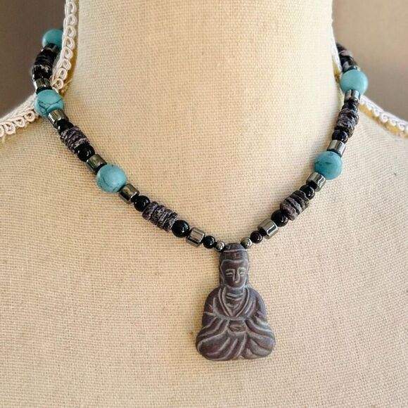 Buddha Beaded Black Puka Hematite Turquoise Howlite Unisex Choker Necklace - Picture 3 of 5